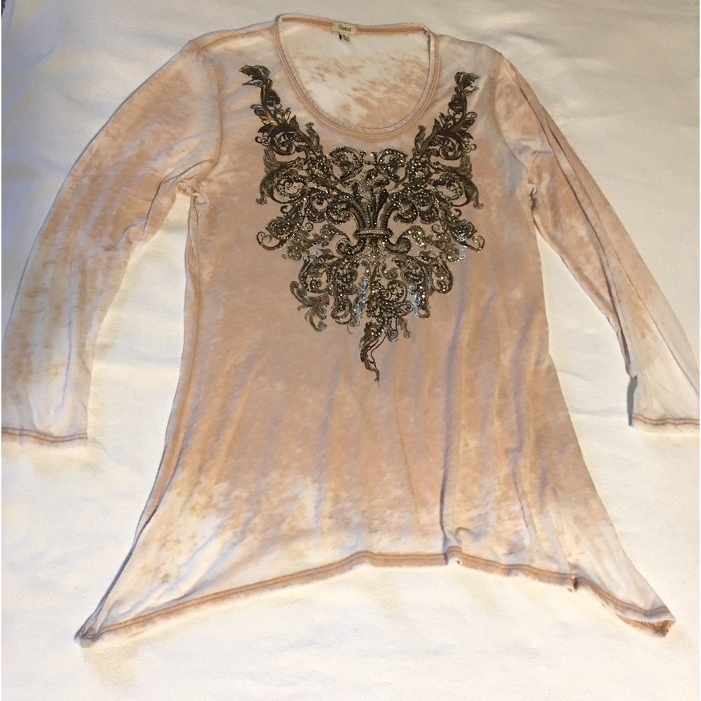 ❤️Reba Sz Lg embellished metallic and rhinestone L/S Light weight. Boho